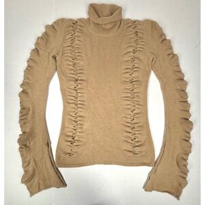 Antonio Berardi Angora Wool Small Sweater Turtleneck Ruffle Sleeve Tan SEXY EUC
